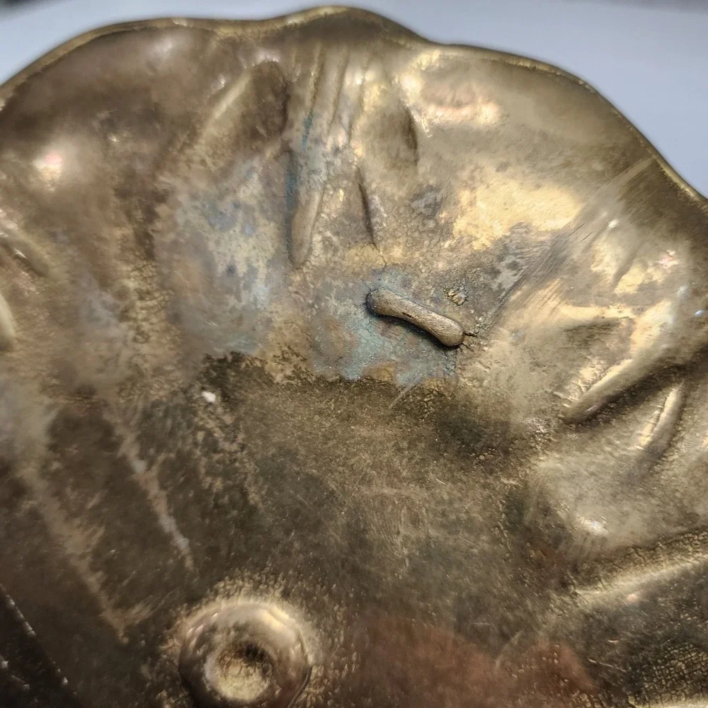 Vintage Brass Lotus Leaf Trinket Dish Scalloped Floral Catchall Tray 8 Inch